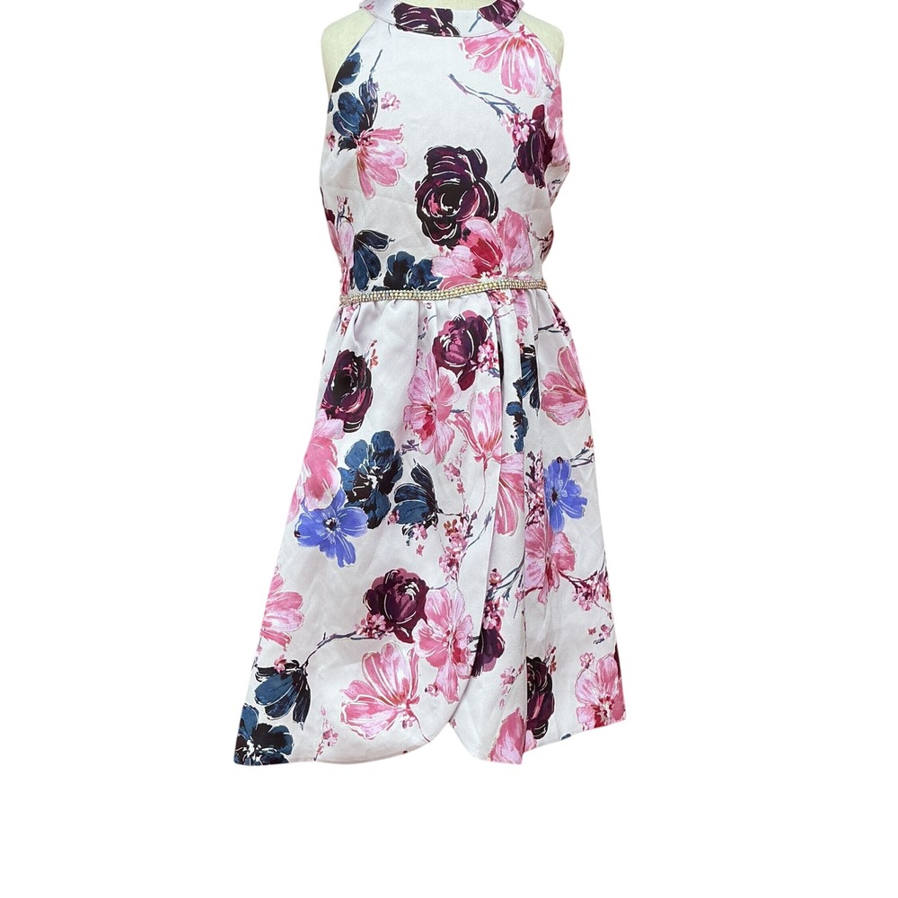 Rare‎ Editions Floral Dress Kids 10 White Plum Rhinestone High-Low Formal Party